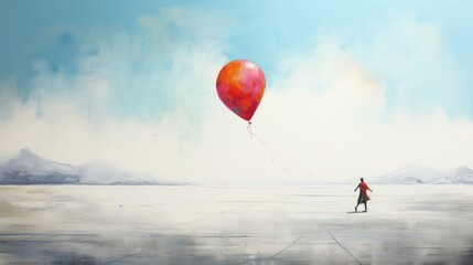 A colorful balloon caught mid-flight, its vibrant shade standing out against the crispness of a blank white canvas. - obrazy, fototapety, plakaty