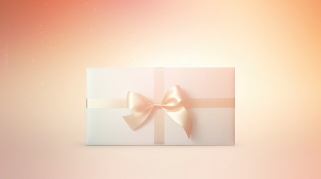 Gift card on minimal background. White wrapped voucher with gold color bow ribbon banner.