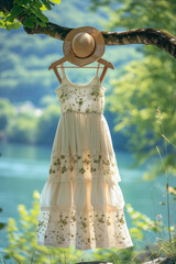 summer dress at a lake on a tree. sundress, light beautiful white dress with a straw hat.