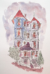 House sketch. Architectural scene created with liner and watercolor. Color illustration on watercolor paper