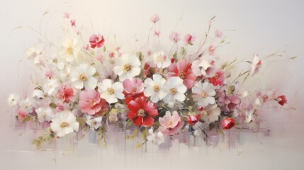 a harmonious array of white, red, and pink flowers gracefully unfolding on a flawlessly white canvas.