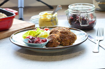 a traditional Czech dish of fried meatballs, minced meat with vegetables,