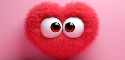 Fototapeta premium cute fuzzy furry heart on a monochrome background with emotion. Cartoon Heart with big realistic eyes. Pink shades