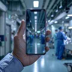 Doctor holding phone in hospital, medical