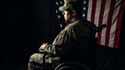 Fototapeta na wymiar Man on wheelchair concept USA veteran.