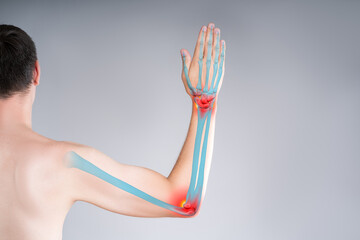 Carpal tunnel syndrome, diseases of the elbow joint, bone fracture and inflammation, man suffering...