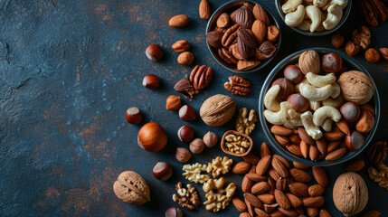 Obraz na płótnie Canvas Top view flat lay of various kinds of nuts on the table with copy space. Food ingredient background concept.
