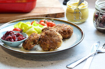 a traditional Czech dish of fried meatballs, minced meat with vegetables,