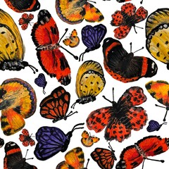 Flying butterflies on white background, raster seamless pattern