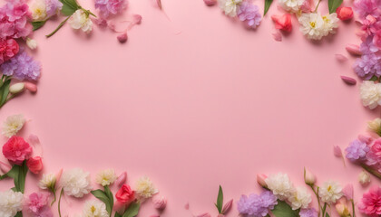 Fototapeta na wymiar Spring flowers on pink paper flat lay. Copy space