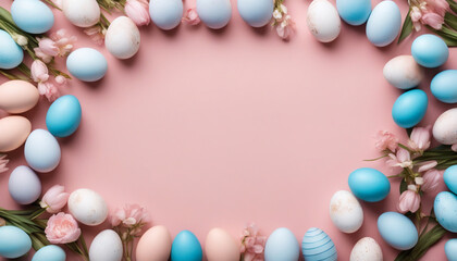 Easter eggs and spring flowers  on pink paper flat lay. Happy Easter. Copy space