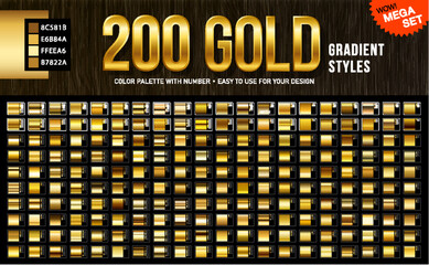 Collection from 200 vector gold gradients with color codes, Clean golden glossy materials. Set of golden colors for design, collection of high quality gradients. EPS10