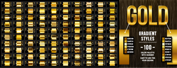 Collection from 100 vector gold gradients with color codes, Clean golden glossy materials. Set of golden colors for design, collection of high quality gradients. EPS10