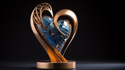 A meticulously designed heart-shaped award trophy, its surface aglow with rich golden tones and royal blues, capturing the essence of achievement and celebration.