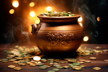 Treasure in a jug, Happy St patrick day. Big cauldron full of gold coin.