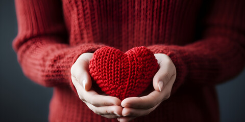 elderly female hands holding a knitted red heart made of threads valenetine's day concept in winter - obrazy, fototapety, plakaty