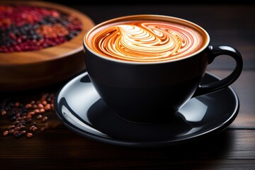 Warm coffee cup on dark wooden surface, picture of coffee