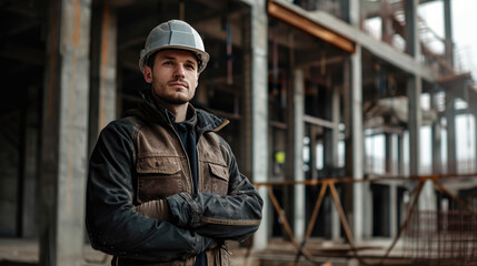Fototapeta na wymiar Portrait of a construction worker dressed in work uniform and wearing a hard hat. He is posing at his work site, a building under construction