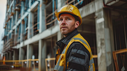 Fototapeta premium Portrait of a construction worker dressed in work uniform and wearing a hard hat. He is posing at his work site, a building under construction