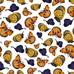 Flying orange, yellow, and blue butterflies on white background, raster seamless pattern