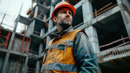 Portrait of a construction worker dressed in work uniform and wearing a hard hat. He is posing at his work site, a building under construction