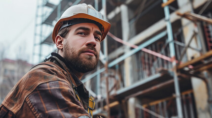 Portrait of a construction worker dressed in work uniform and wearing a hard hat. He is posing at his work site, a building under construction