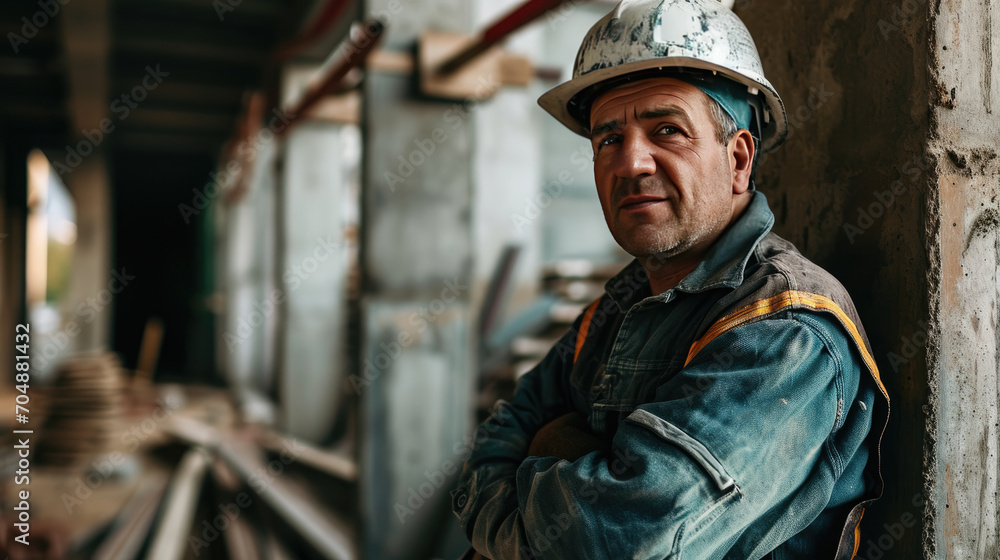 Wall mural Portrait of a construction worker dressed in work uniform and wearing a hard hat. He is posing at his work site, a building under construction