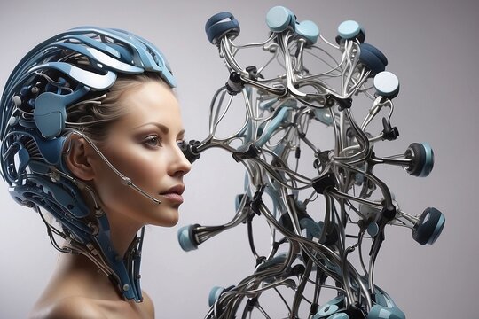 Mujer futurista, con sensores sobre el cuerpo, conexiones neuronales, tecnología del futuro, implantes neuronales