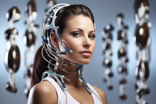 Mujer futurista, con sensores sobre el cuerpo, conexiones neuronales, tecnolog&iacute;a del futuro, implantes neuronales