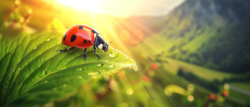 Ladybug close-up, macro photo image of the red bug with black spots, sitting on the edge of a green dewy leaf of a tree of bush in a garden. Sunshine in the mountains in the background.