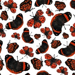 Flying red and black butterflies on white background, raster seamless pattern