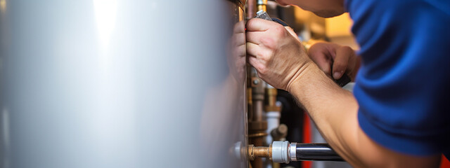 Professional plumber checking a boiler and pipes, boiler service concept - obrazy, fototapety, plakaty