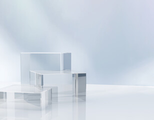 Three modern transparent cuboid podium, geometric pedestal on white counter, dappled light on blue...