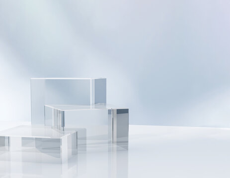 Fototapeta Three modern transparent cuboid podium, geometric pedestal on white counter, dappled light on blue wall. Luxury cosmetic, skincare, beauty, body care, treatment, fashion product display background 3D