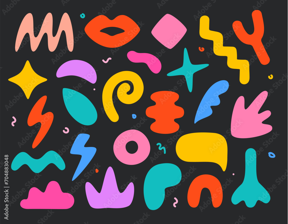 Poster set of trend abstract flat shapes in cartoon style. collection of decorative elements for design in 