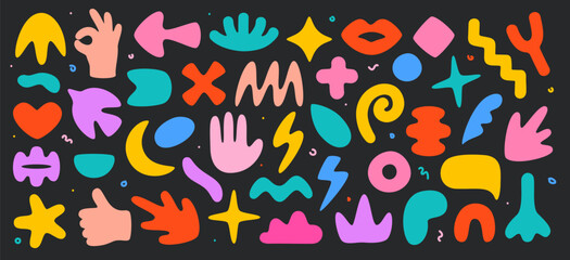 Mega set of trend abstract flat shapes in cartoon style. Collection of decorative elements for design in soft multicolored colors. Y2K.  Vector shapes Isolated on black background.