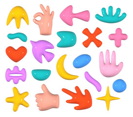 Set of trend abstract 3d shapes in cartoon style. Collection of realistic decorative elements for design in soft multicolored colors. Y2K.  Vector 3d shapes Isolated on white background.