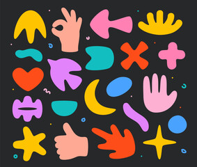 Set of trend abstract flat shapes in cartoon style. Collection of decorative elements for design in soft multicolored colors. Y2K.  Vector shapes Isolated on black background.