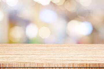 Table and blur background, Wooden counter over blur bokeh light background, Brown wood table top,...