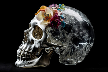States of mind, religion and nature concept. Abstract composition of human crystal skull with various colorful flowers on head. Surreal and minimalist composition