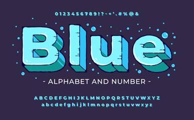 Bright blue cartoon 3D font with ink outline and drips. Playful retro bold alphabet with numbers, letters and symbols. Vector illustration