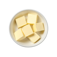 Bowl with butter cubes on white background