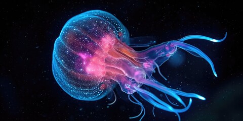 Fototapeta premium Bioluminescent Jellyfish Glowing Underwater, Marine Life and Ocean Beauty