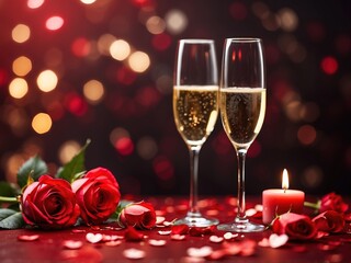 Romantic Celebration Of Valentine's Day with wine and Roses