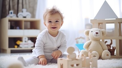 A 2-3 year old child plays with toys in a child's room. Happy childhood. Leisure time of the baby. Early development