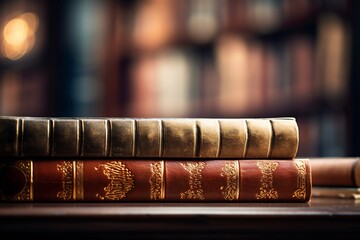 Banner or header image with stack of antique leather books in out of focus library background, lots...