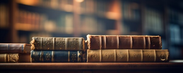 Banner or header image with stack of antique leather books in out of focus library background, lots of empty copy space Generative AI - obrazy, fototapety, plakaty