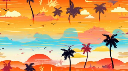 Fototapeta na wymiar Palm trees, coconut trees and a vivid, multicolored sky game art, seamless for background