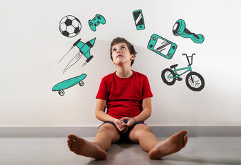 A young boy gazes upward, surrounded by sketches of toys, in a world of childlike wonder and...