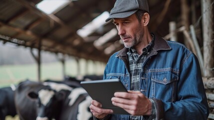 On a cow farm, the modern, tech-savvy farmer manages processes efficiently, holding a tablet in his hands to conduct research and enter data into a database